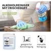 A person wearing blue gloves is cleaning a wooden surface with a green cloth and spraying a cleaning product from a bottle. Produktbild-Vorschau