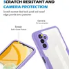 Close-up marketing image showing a phone case with a clear back and purple edges, highlighting screen and camera protection features. Produktbild-Vorschau