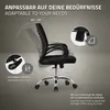 A black office chair is shown with various features highlighted by text and diagrams. Produktbild-Vorschau
