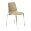 A single beige chair with silver legs on a white background.