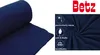 A rolled-up dark blue fleece blanket is shown on the left, and a close-up of the fabric with feature icons and text is on the right, along with the brand logo. Produktbild-Vorschau