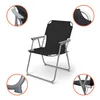 A black camping chair with silver metal legs and armrests, shown against a white background with close-up insets highlighting specific features. Produktbild-Vorschau