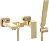 A gold-colored bathtub faucet with a handheld showerhead, presented against a white background. Produktbild-Vorschau