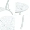 A collage of four close-up images of a white aluminum cast bistro set, showing details of the table top and legs. Náhled obrázku produktu