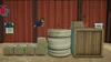 A cartoon dog character is jumping in a barn-like setting with hay bales and wooden crates. Produktbild-Vorschau