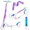 A collage of images showing a white kick scooter with iridescent purple and blue accents, along with a purple carrying strap. Produktbild-Vorschau