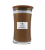 A WoodWick candle in a glass jar with a wooden lid. Podgląd zdjęcia produktu