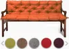 A tufted orange bench cushion is shown on a wooden bench. Below the bench are five circular swatches of different fabric colors. Produktbild-Vorschau