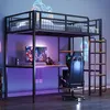 A loft bed with a desk and shelves underneath, set up in a room with neon lights. Anteprima dell’immagine prodotto
