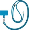 A blue lanyard with a phone attachment is laid out on a white background. Produktbild-Vorschau