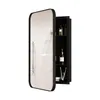 A black medicine cabinet with a mirrored door is shown open, revealing shelves with toiletries. Produktbild-Vorschau