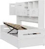 A white wooden daybed with an open storage compartment and a hutch with shelves and cabinets. Náhled obrázku produktu