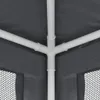 Close-up view of the white PVC pipe frame of a party tent, with the dark gray fabric of the tent visible in the background and on the sides. Produktbild-Vorschau