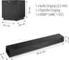 Diagram showing dimensions and connection inputs for a soundbar and subwoofer. Produktbild-Vorschau