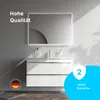 A modern white bathroom vanity with a mirror, sink, and faucet, set against a gray wall with light casting shadows. Produktbild-Vorschau