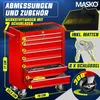 A red MASKO workshop trolley with 7 drawers, shown with dimensions and accessories like anti-slide mats and keys. Produktbild-Vorschau