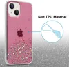 A pink glitter iPhone case with the Apple logo is shown, with a diagram illustrating its soft TPU material. Anteprima dell’immagine prodotto