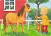 A child is feeding a toy carrot to a stuffed horse, with a real horse in the background. Anteprima dell’immagine prodotto