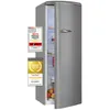 A silver retro-style refrigerator with its door slightly ajar, revealing shelves with items inside. Two award stickers are attached to the left side of the refrigerator. Produktbild-Vorschau