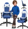 A child posing with a blue and white gaming chair, with other views of the chair on the side. Anteprima dell’immagine prodotto
