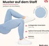 A person wearing light blue leggings is shown in a dynamic pose, with close-ups and text highlighting product features. Produktbild-Vorschau