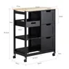 A black kitchen cart with a wooden top, shown with dimensions indicated by text and lines. Voir les images du produit