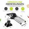 A marketing image showing a mandoline slicer with dimensions and feature icons. Produktbild-Vorschau