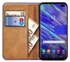 A book-style phone case with a phone inserted, showing cards and cash inside. Produktbild-Vorschau