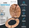 A toilet seat with a wood grain pattern is shown open, with marketing text and icons on the right side. Produktbild-Vorschau