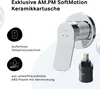 A close-up of a shower faucet and its cartridge, with descriptive icons and text highlighting features. Produktbild-Vorschau