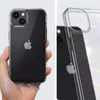 A hand holding an iPhone 13 with a transparent Spigen case, and a close-up view of the case's edge. Produktbild-Vorschau