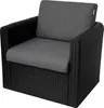 A black rattan armchair with gray cushions, shown against a white background. Produktbild-Vorschau