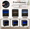 A collage of images showing a black nightstand with LED lighting in different colors and brightness levels, along with a remote control. Náhled obrázku produktu
