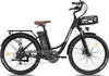 A black electric bicycle with a brown seat and handlebars, displayed against a white background. Náhled obrázku produktu