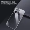 A clear phone case is shown on a dark, angled surface. Produktbild-Vorschau