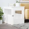 A white wooden dog crate is placed next to a yellow sofa and a potted plant. Náhled obrázku produktu