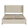 A beige upholstered bed frame with a tufted headboard and wooden slats is shown against a white background. Produktbild-Vorschau