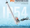 A linear actuator is shown against a light blue background with water droplets and large 'IP54' text. Náhled obrázku produktu