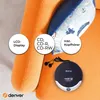 A portable CD player with headphones is shown on an orange textured surface, with descriptive text bubbles around it. Podgląd zdjęcia produktu