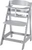 A gray wooden high chair with a tray and safety straps, shown from the front-left. Anteprima dell’immagine prodotto