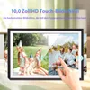 A digital photo frame displaying family photos, with a hand interacting with the screen. Produktbild-Vorschau