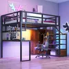 A loft bed with a desk, wardrobe, and shelving unit in a modern bedroom setting with colorful LED lighting. Náhled obrázku produktu