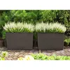 Two dark brown rectangular planters filled with white flowers are placed on a stone pathway in a garden setting. Produktbild-Vorschau