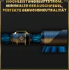 A product image showing a ventilation system with glowing blue air currents, set against a black background with gold border and text. Produktbild-Vorschau