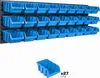 A wall-mounted storage system with multiple blue bins, and one bin shown separately below. Produktbild-Vorschau