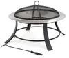 A black and silver fire pit with a mesh cover and a poker tool, displayed on a white background. Produktbild-Vorschau