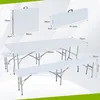 A diagram showing a foldable plastic table and two benches with dimensions indicated. Náhľad obrázku produktu