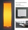 A collage of images showcasing a white radiator with text highlighting its features and a close-up of its thermostat valve. Another image shows a vertical radiator glowing with orange light. Produktbild-Vorschau