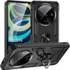 A black protective phone case with a ring holder is shown from multiple angles, with a phone inside the case visible. Produktbild-Vorschau