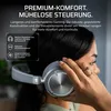 A woman wearing a headset, with marketing text and feature callouts. Produktbild-Vorschau